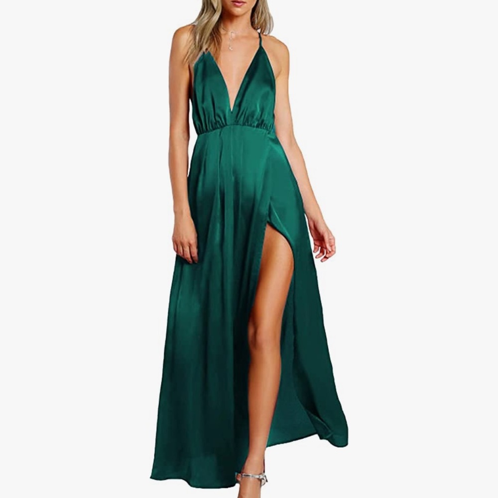 Emerald green satin maxi Wedding guest dress